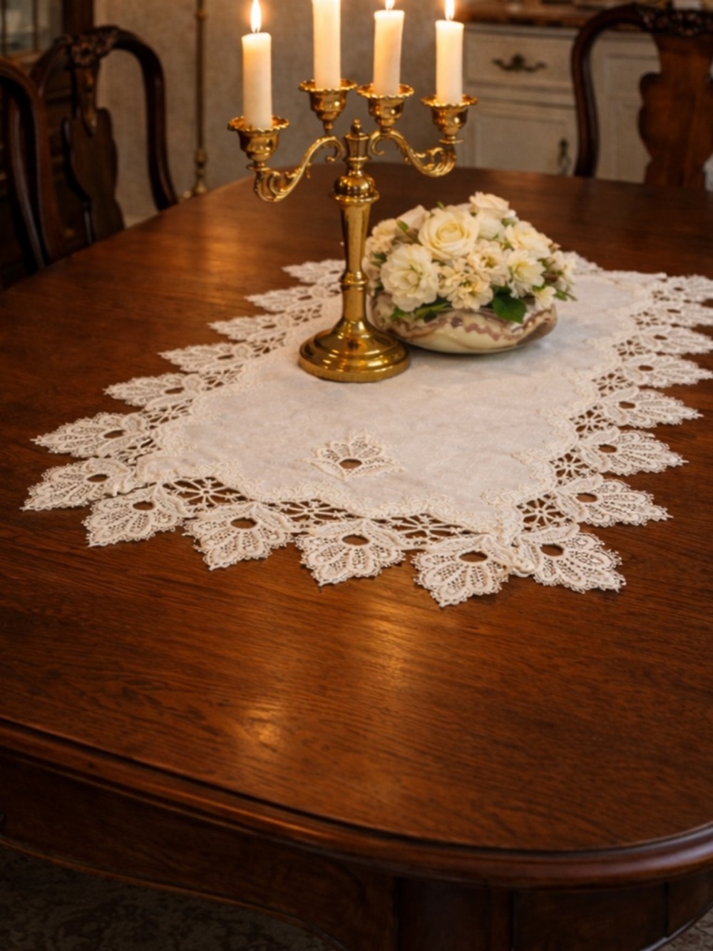 Vintage Ivory Lace and Fabric Table Runner or Dresser Scarf